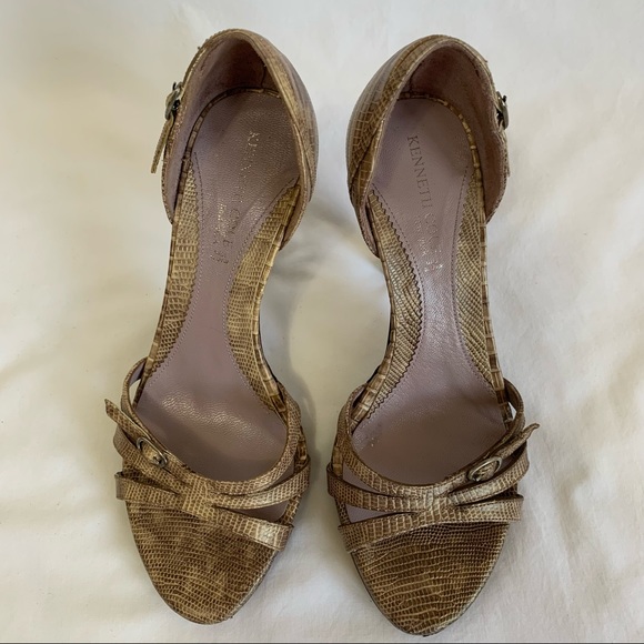 Kenneth Cole Leather, faux alligator open toe strappy high heels, made in Spain - Picture 5 of 12